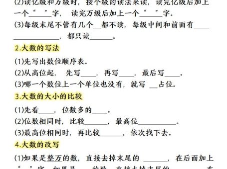 四上数学(人教版)必背知识点总结填空