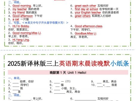 三年级上英语晨读晚默小纸条《译林版》
