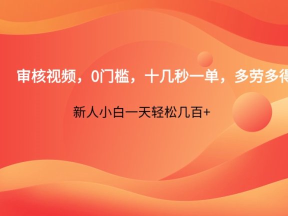 审核视频，0门槛，十几秒一单，多劳多得，新人小白一天轻松几百+